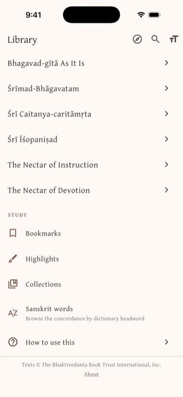 The library: the books, then Bookmarks, Highlights, Collections and Sanskrit words