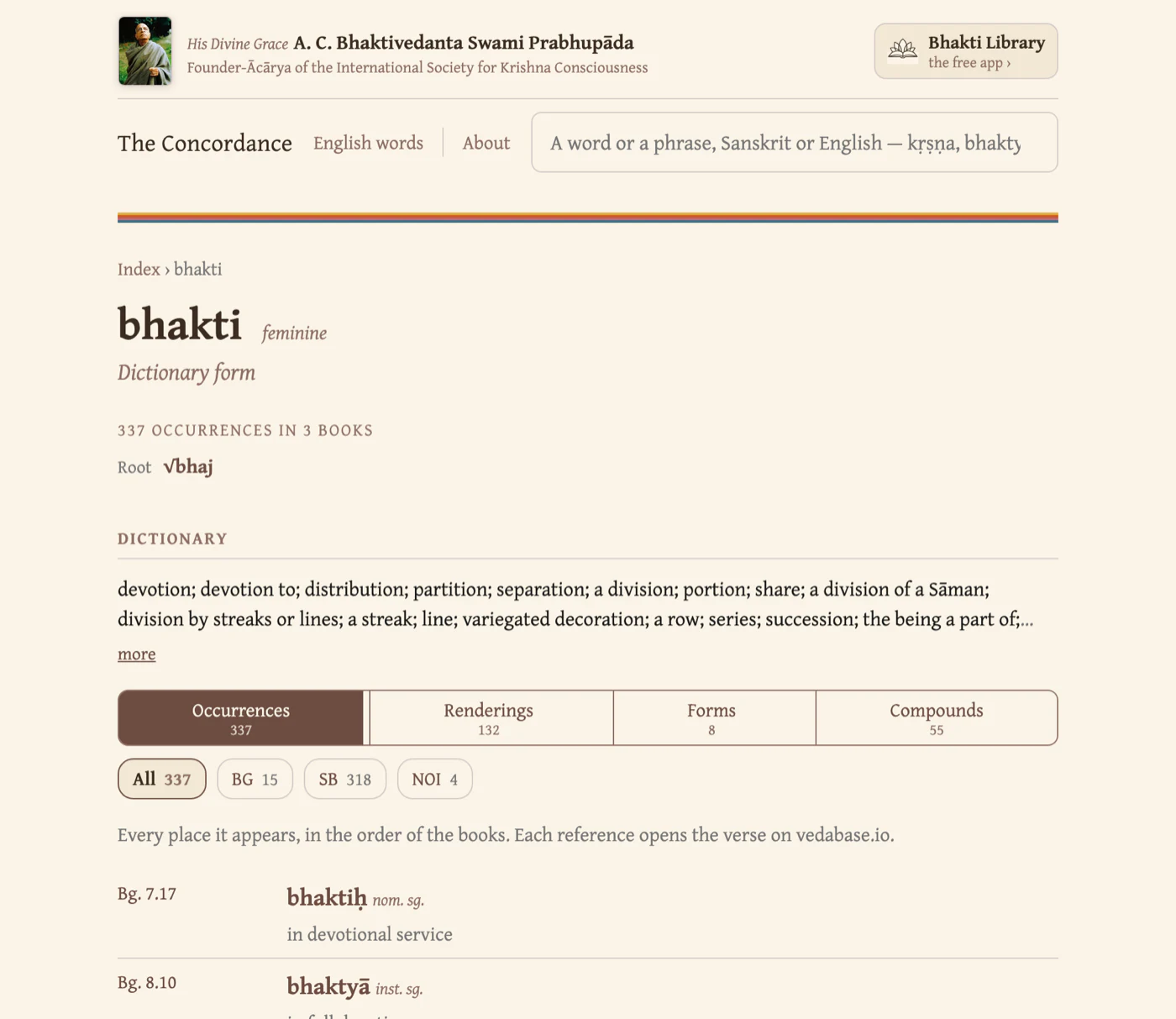 The online concordance's page for bhakti: 337 occurrences, the root √bhaj, the dictionary line, and every occurrence with its grammar